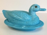 Believed to be Westmorland Blue Milk Glass Duck on a Nest