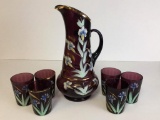 Large Hand Painted Amethyst Ewer Glass Pitcher w/Applied Handle and Six Glasses