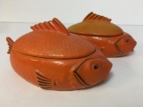 Pair of Small Porcelain Fish Covered Bowls Made in Japan