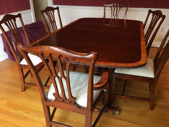 Mahogany Inlay Dining Table w/Brass Claw Feet Incl Two Leafs and Six Chairs