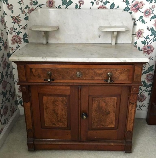 Antique Victorian Walnut Washstand w/Marble Top