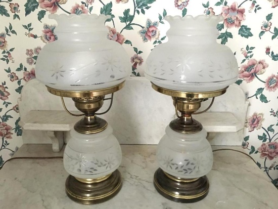 Pair of Brass and Glass Electric Oil Lamps