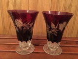 Pair of Bohemian Red Crystal Vases, 6 inches tall