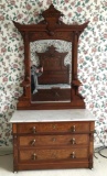 Antique Victorian Walnut Marble Top Dresser w/Three Drawers and Mirror