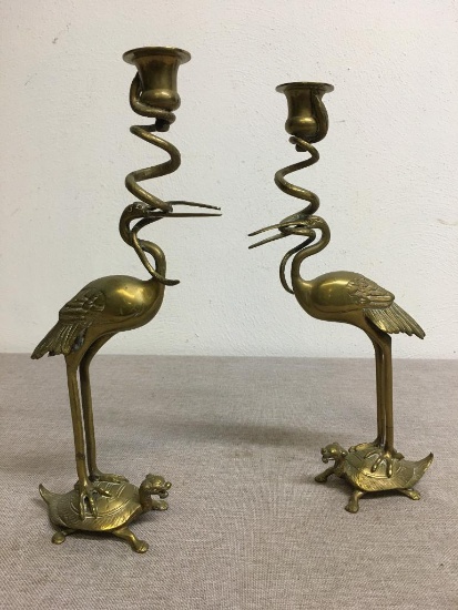 Pair of Brass Crane and Turtle Candlestick Holders