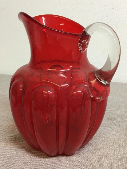 Hand Blown Cranberry Glass Pitcher w/Applied Clear Glass Handle