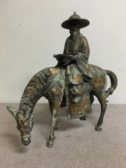 Vintage Cast Iron Asian Man on a Horse Statue