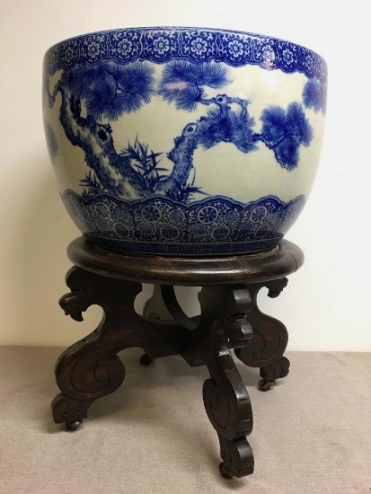 Blue and White Porcelain Fishbowl Planter and Stand