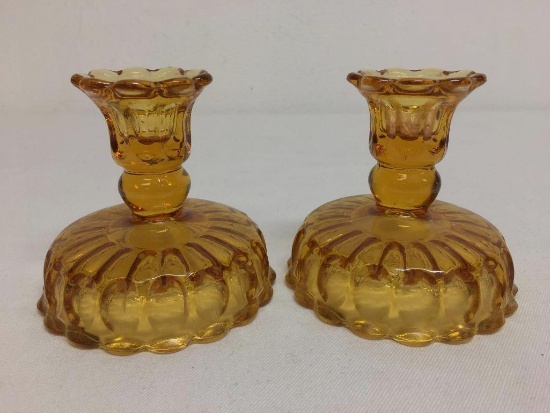 Pair of Amber Glass Candle Stick Holders