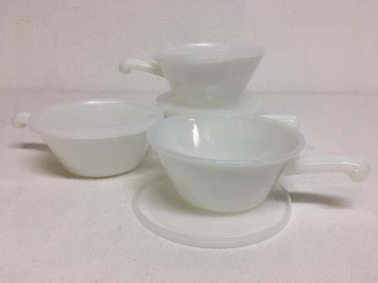 Group of Four Anchor Hocking Fire King Milk Glass Handled Soup Bowl w/Lids