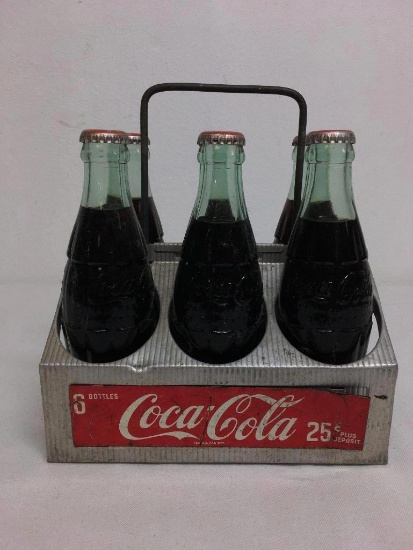 Six Pack of Coca Cola Bottles w/Vintage Metal Carrier