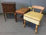 Three Piece Lot Incl Vintage Sewing Chair, Bench and Sewing Cabinet