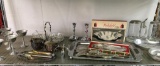 Shelf Lot of Misc Silver Plate Items, Glass Beer Steins, Serving Plates and More