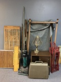 Large Treasure Lot Incl Twin Bed Frame, Wire Dog Crate, Folding Table, Lamp, Vacuum and More