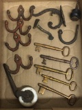 Group Lot of Misc Antique Keys, Hooks, Drawer Pull and Caster
