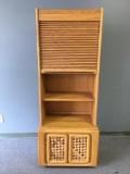 Two Piece Vintage Shelving Unit w/Rolltop Detail and Basket Weave Cabinet