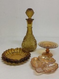 Amber Glass Lot Incl Decanter, Ashtrays and Candle Holder