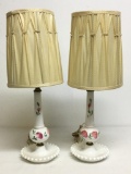 Pair of Hand Painted Milk Glass Lamps w/Shades