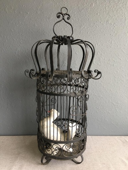 Hanging Metal Bird Cage w/Ceramic Bird