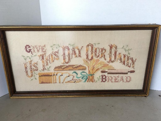 Framed "Give Us This Day Our Daily Bread" Cross Stitch Art