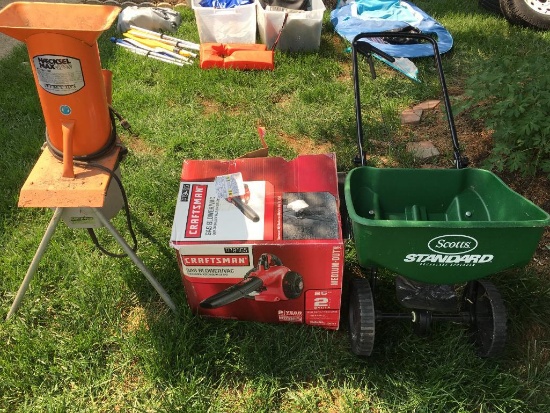 Three Piece Lot Incl Craftsman Blower Attachment Only, Scott's Spreader and Chipper