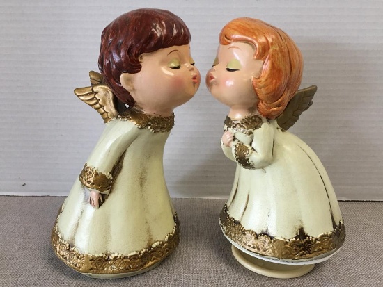 Pair of Vintage Kissing Angel Musical Figurines