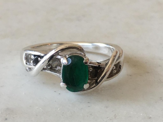 Sterling Ring with Emerald and Cubic Zirconia Diamond