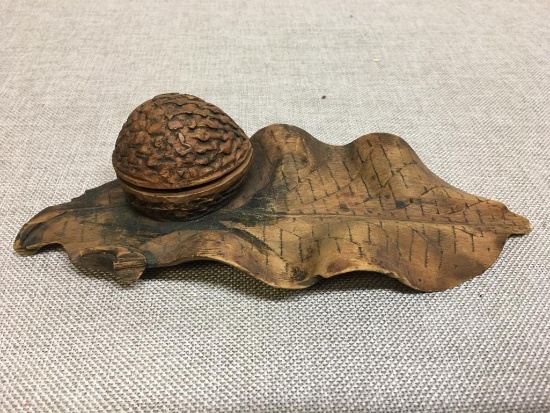 Vintage Wooden Walnut and Leaf Ink Well