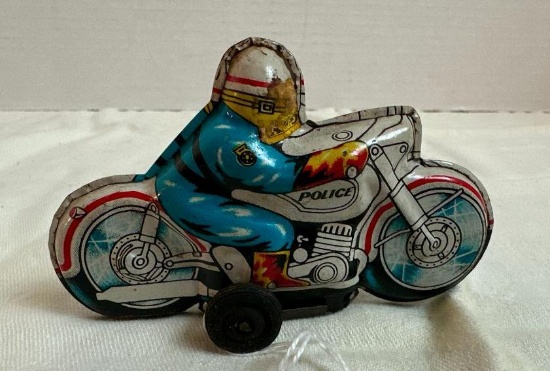 Vintage Tin Litho Police Motorcycle Friction Toy