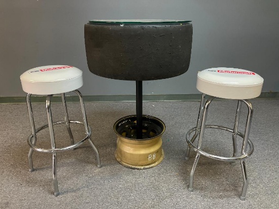 Unique Nascar Tire/Rim Bar Table and Two Stools