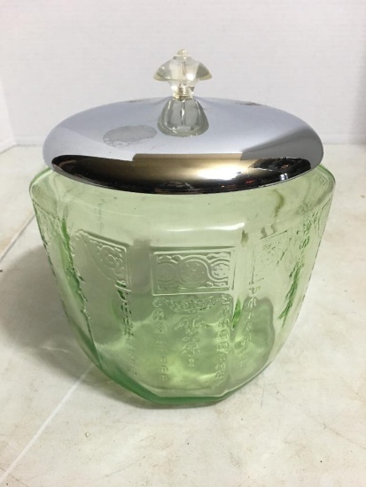 Vintage Green Glass Lidded Biscuit Jar