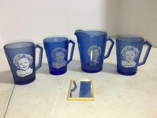 Five Piece Shirley Temple Lot of Blue Glasses, Creamer and Mirror