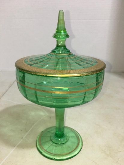 Vintage Pedestal Green Glass Lidded Candy Dish