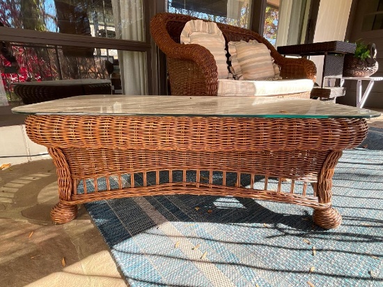 Woven Rattan Outdoor Table with Glass Top
