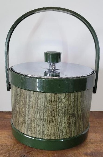 Vintage Kromex Avocado Green Faux Wood Plastic Ice Bucket