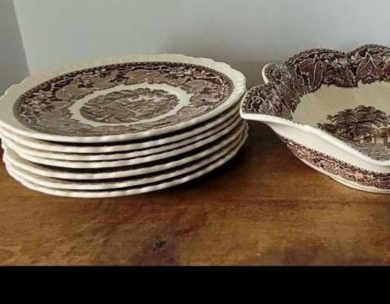 Group of Antique Mason's Ironstone Vista Brown Transferware - Fluted Dessert Bowl and 7 Saucers