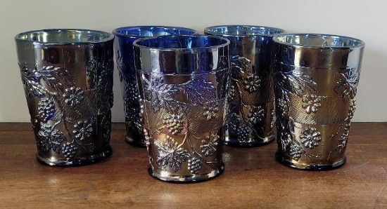 Set of 5 Dugan Amethyst Carnival Glass Floral and Grape Tumblers