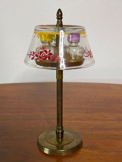 Vintage Perfume Hi-Lights Stuart Brass Lamp Display w/Hand Painted Shade and Three Bottles
