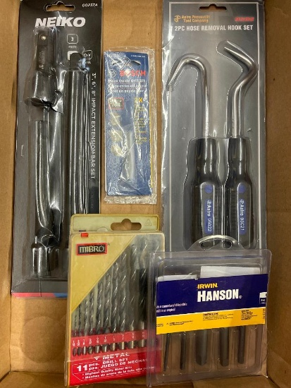 Misc Tool Lot Incl Drill Bits, Hose Removal Hook Set and Impact Extension Bar Set New in Package