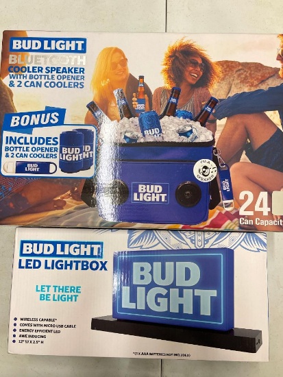 Two Piece Budlight Bluetooth Cooler Set and LED Light New in Box