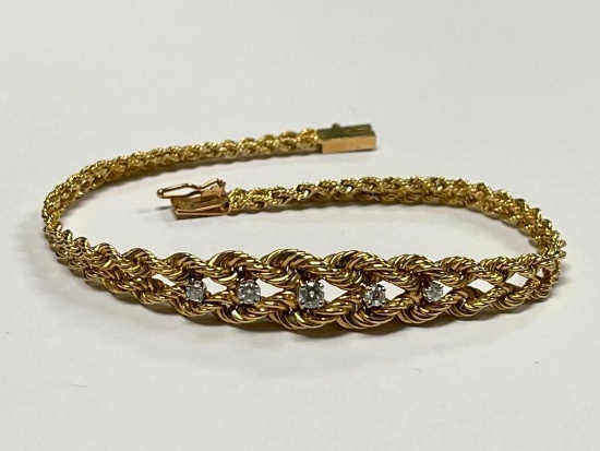 14K Gold Diamond Rope Bracelet Approx. 1/4 Carat Weight Diamonds