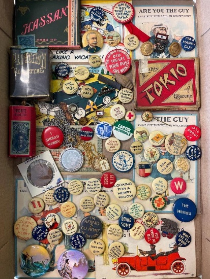Misc Treasure Lot Incl Vintage Cigarette Advertising Pins, Cigarette Packs, Post Cards and More