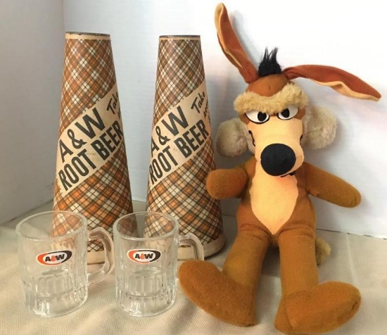 Vintage A&W Root Beer Wax Cone Megaphone Cups, Miniature Glass Mugs and Stuffed Wiley Coyote