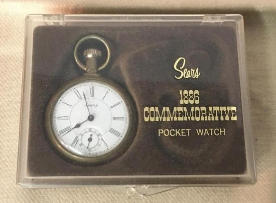 Sears 1886 Commemorative Pocket Watch w/Train Engraved on Back