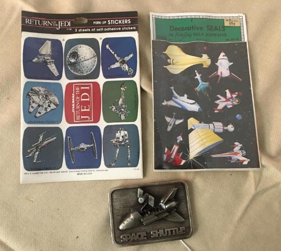 Misc Treasure Lot Incl Space Shuttle Belt Buckle and Two Sets of Empire Strikes Back Stickers