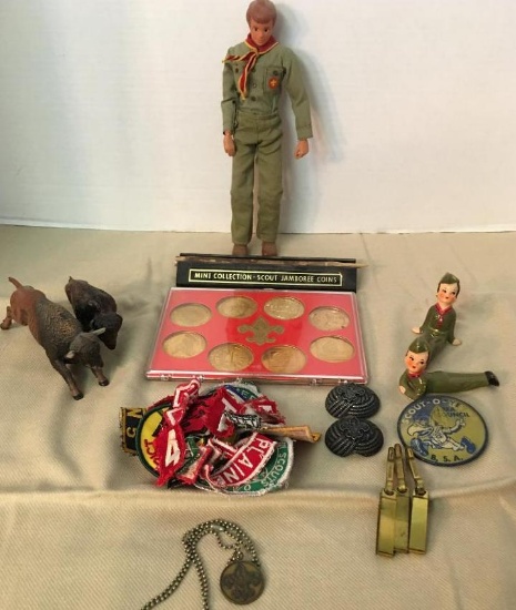 Misc Boy Scout Lot Incl Doll, Jamboree Tokens, Porcelain Figurines and More