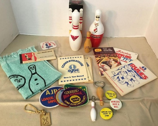 Misc Treasure Lot for Bowlers Incl After Shave, AJBC Book of Rules, Awards, Patches and More