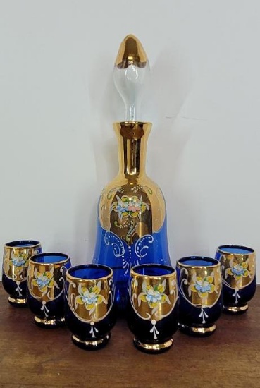 Vintage Tayimp Hand Painted Cobalt Blue and 24K gold Decanter Set with 6 Liqueur/Cordial Glasses