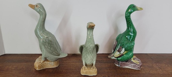 Group of 3 Vintage Chinese Celadon Glazed Porcelain Ducks