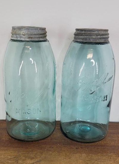 Pair of Ball Mason Half Gallon Aqua Glass Fruit Jar with Zinc Lid (1900-1910)